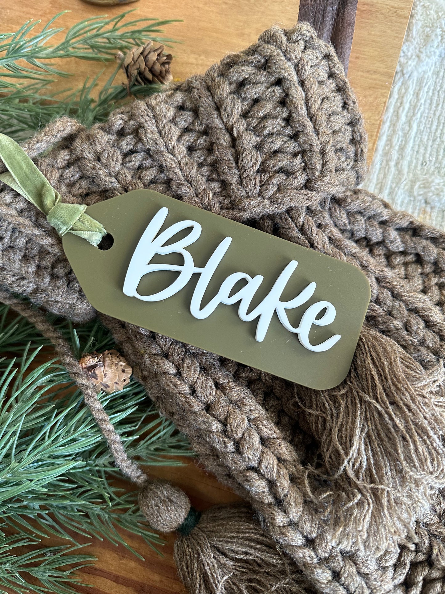 Acrylic Stocking Tag - forest green