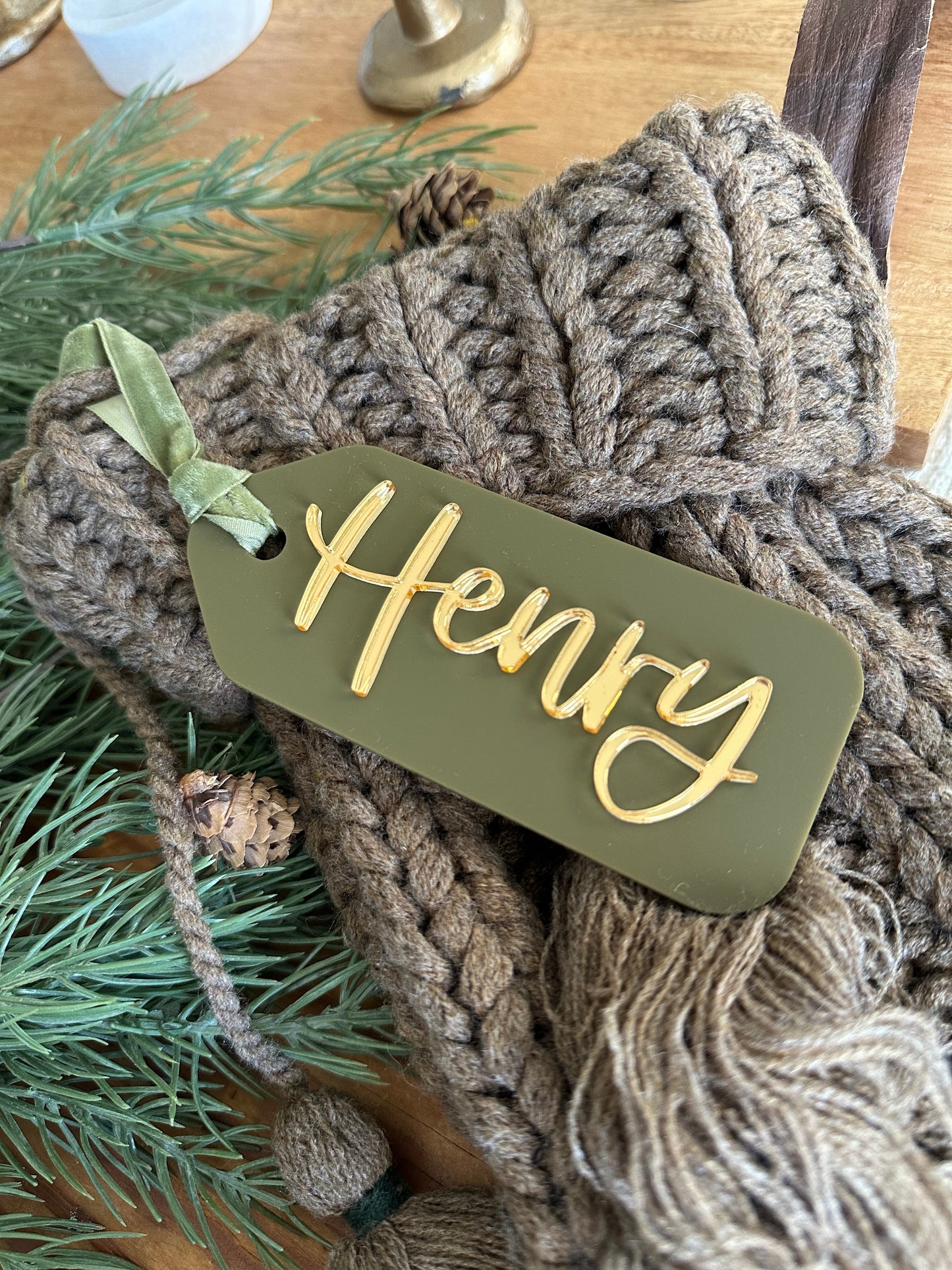 Acrylic Stocking Tag - forest green