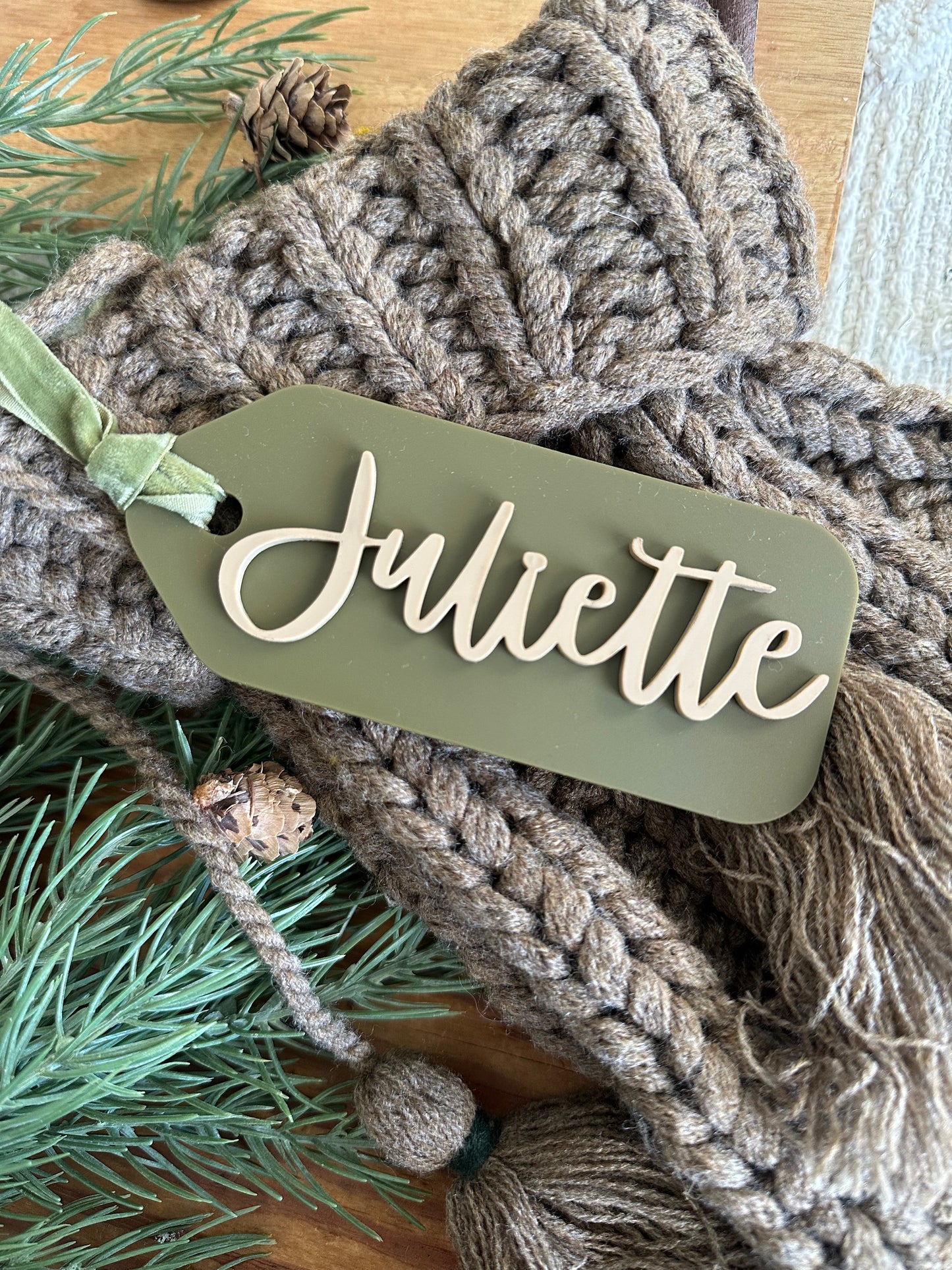 Acrylic Stocking Tag - forest green