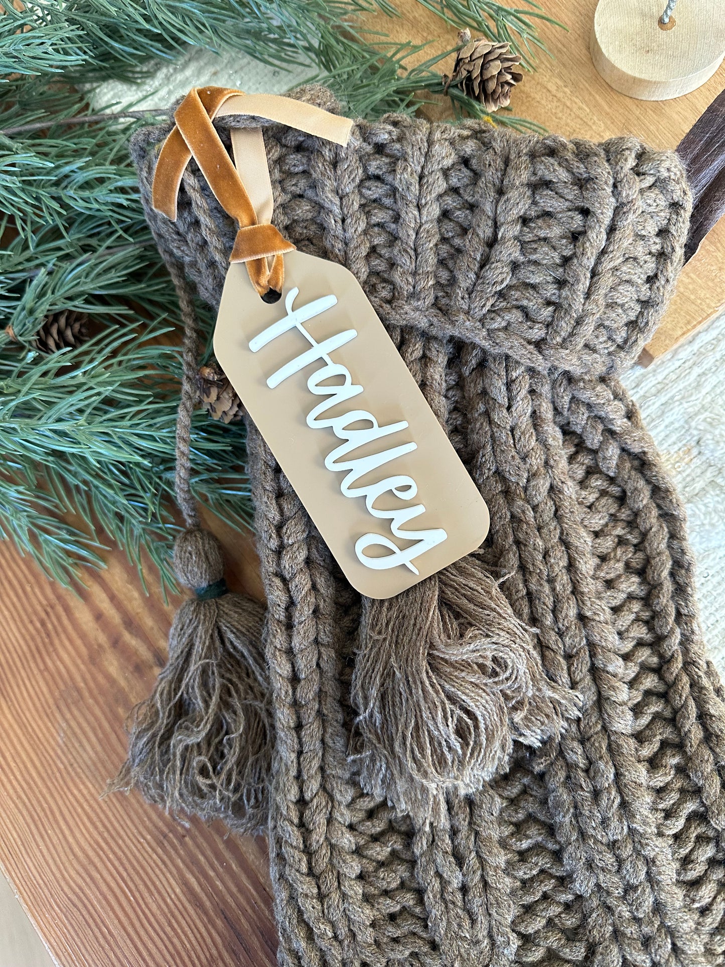 Acrylic Stocking Tag - taupe