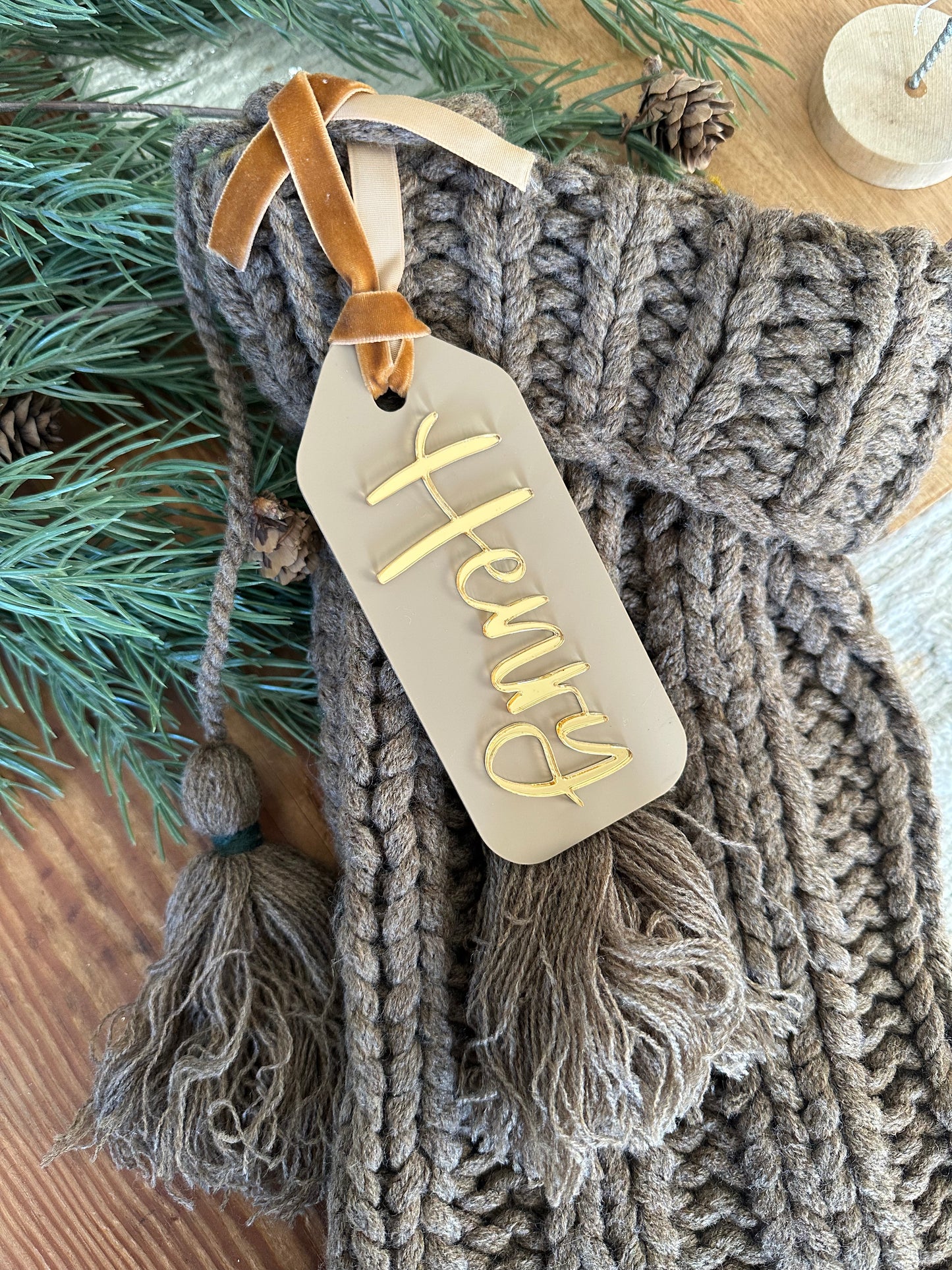 Acrylic Stocking Tag - taupe