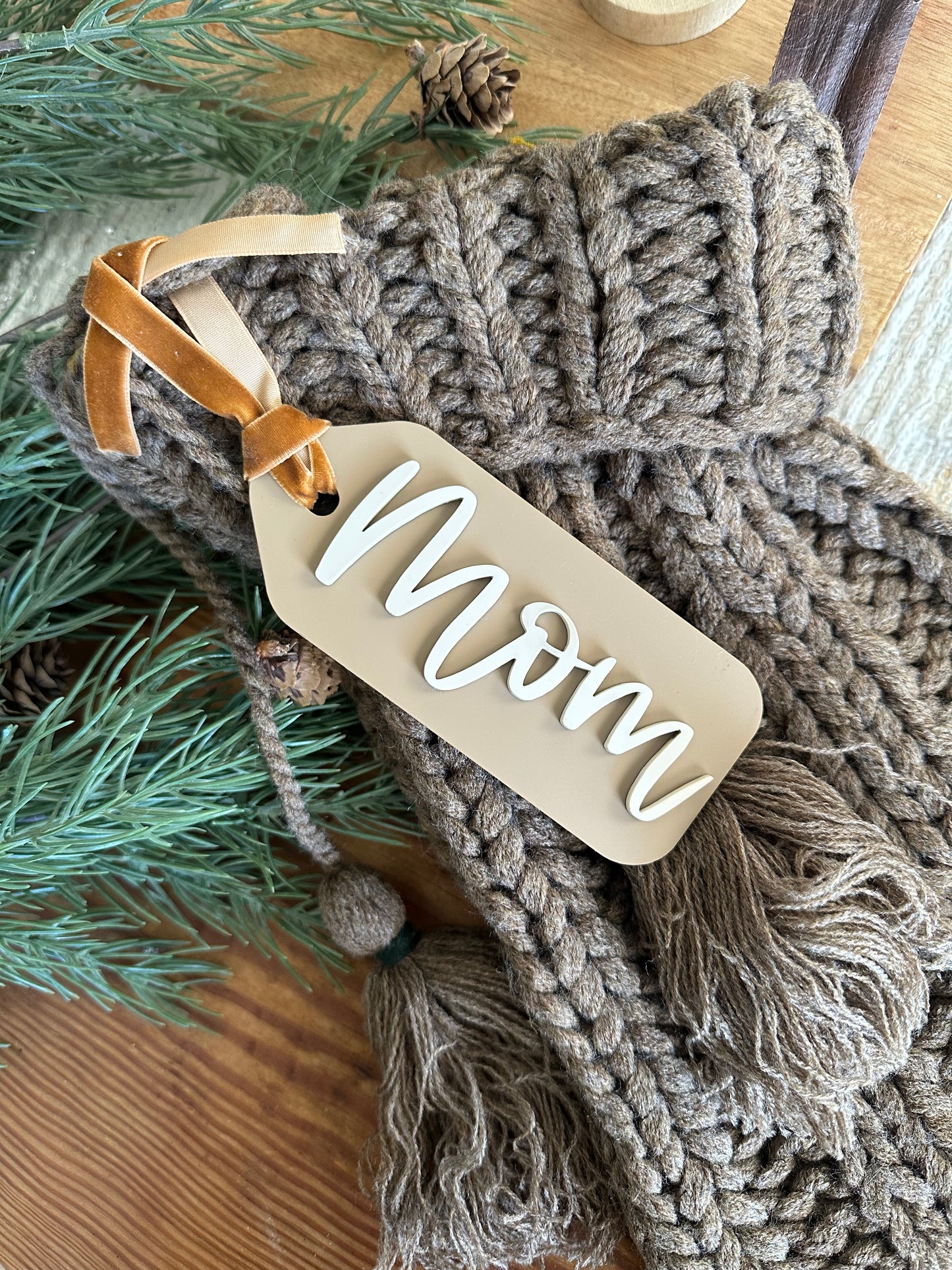 Acrylic Stocking Tag - taupe