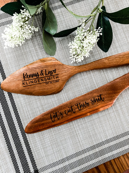 Wooden engraved cake knife + server set