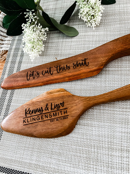 Wooden engraved cake knife + server set