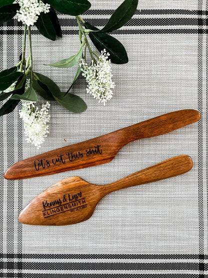 Wooden engraved cake knife + server set